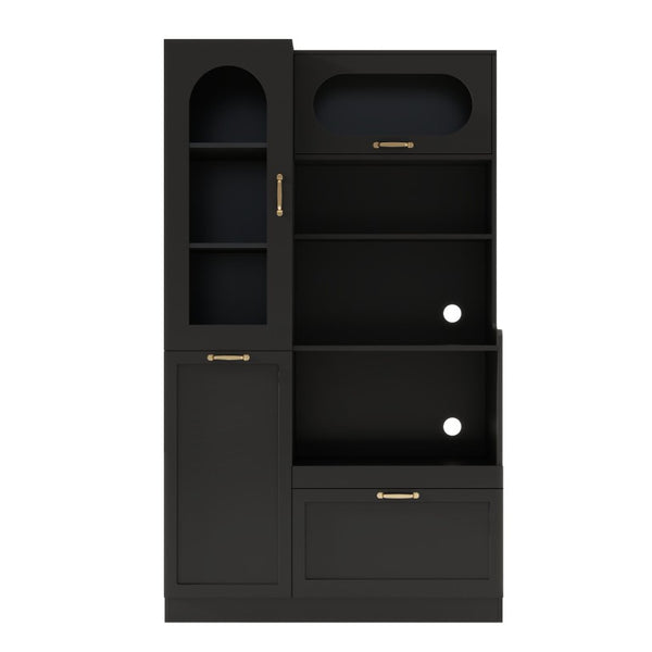 English Elm Trexm Freestanding Pantry Cabinet Arched Glass Door Matte Black Dining Kitchen Storage XW000030AAB