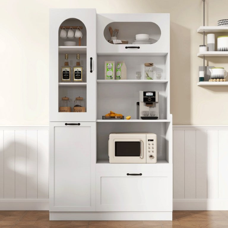 English Elm Trexm Tall Pantry Cabinet Arched Glass Door Flip Shelves Drawer Kitchen Storage XW000030AAK