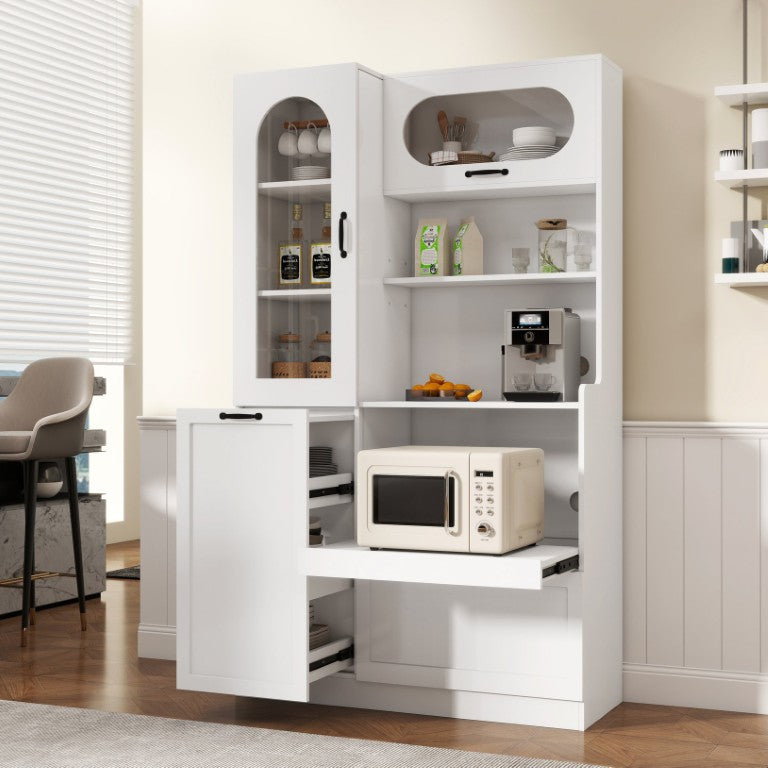 English Elm Trexm Tall Pantry Cabinet Arched Glass Door Flip Shelves Drawer Kitchen Storage XW000030AAK