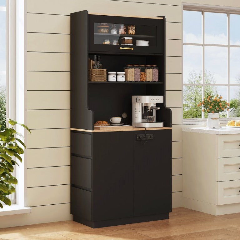 English Elm Trexm Tall Matte Black Pantry Cabinet with Flip Top Glass Lid and Built in USB Power XW000031AAB
