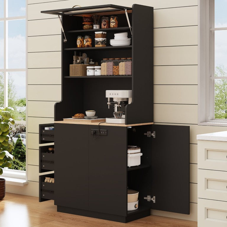 English Elm Trexm Tall Matte Black Pantry Cabinet with Flip Top Glass Lid and Built in USB Power XW000031AAB