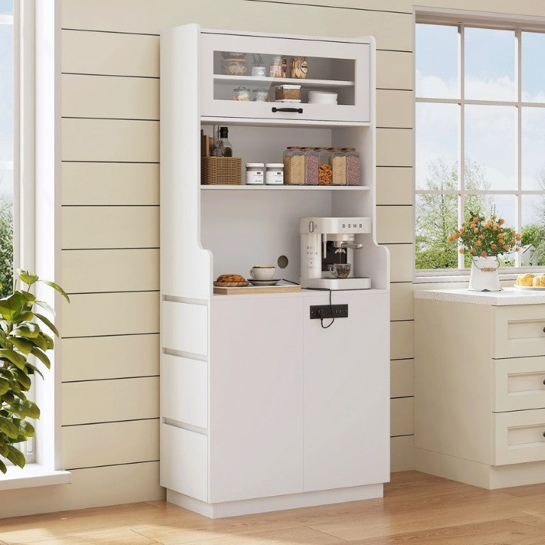 English Elm Trexm Tall White Pantry Cabinet with Glass Flip Top USB Charging and Vertical Storage XW000031AAK