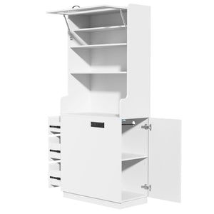 English Elm Trexm Tall White Pantry Cabinet with Glass Flip Top USB Charging and Vertical Storage XW000031AAK