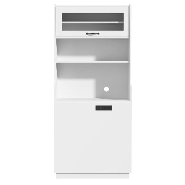 English Elm Trexm Tall White Pantry Cabinet with Glass Flip Top USB Charging and Vertical Storage XW000031AAK