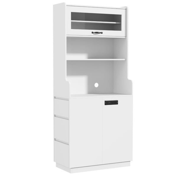 English Elm Trexm Tall White Pantry Cabinet with Glass Flip Top USB Charging and Vertical Storage XW000031AAK