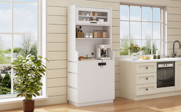 English Elm Trexm Tall White Pantry Cabinet with Glass Flip Top USB Charging and Vertical Storage XW000031AAK