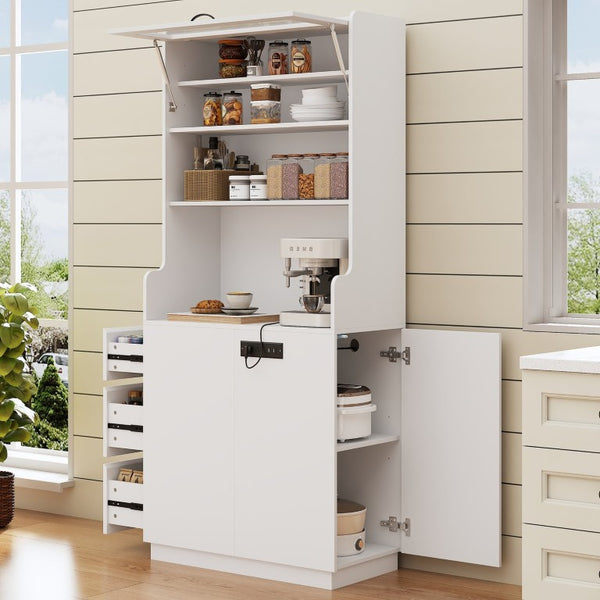 English Elm Trexm Tall White Pantry Cabinet with Glass Flip Top USB Charging and Vertical Storage XW000031AAK