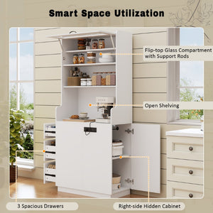 English Elm Trexm Tall White Pantry Cabinet with Glass Flip Top USB Charging and Vertical Storage XW000031AAK