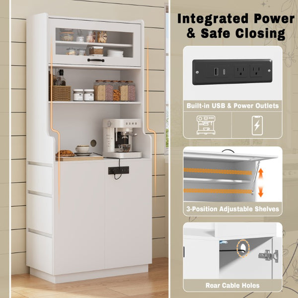 English Elm Trexm Tall White Pantry Cabinet with Glass Flip Top USB Charging and Vertical Storage XW000031AAK