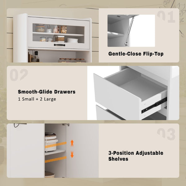 English Elm Trexm Tall White Pantry Cabinet with Glass Flip Top USB Charging and Vertical Storage XW000031AAK