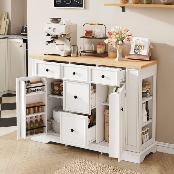 English Elm Trexm Farmhouse Buffet Sideboard with Five Drawers Dual Cabinets Adjustable Shelving White XW000032AAA