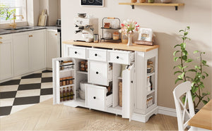 English Elm Trexm Farmhouse Buffet Sideboard with Five Drawers Dual Cabinets Adjustable Shelving White XW000032AAA