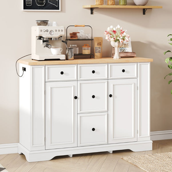 English Elm Trexm Farmhouse Buffet Sideboard with Five Drawers Dual Cabinets Adjustable Shelving White XW000032AAA