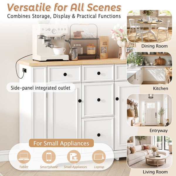 English Elm Trexm Farmhouse Buffet Sideboard with Five Drawers Dual Cabinets Adjustable Shelving White XW000032AAA