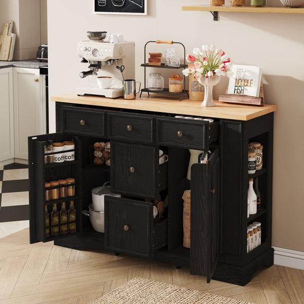 English Elm Trexm Farmhouse Buffet Sideboard with Five Drawers Dual Cabinets Adjustable Shelving Black XW000032AAB