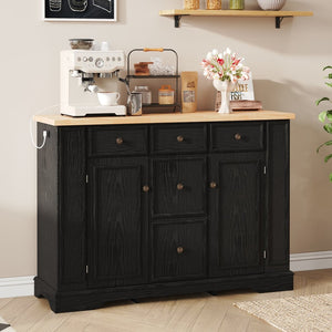 English Elm Trexm Farmhouse Buffet Sideboard with Five Drawers Dual Cabinets Adjustable Shelving Black XW000032AAB