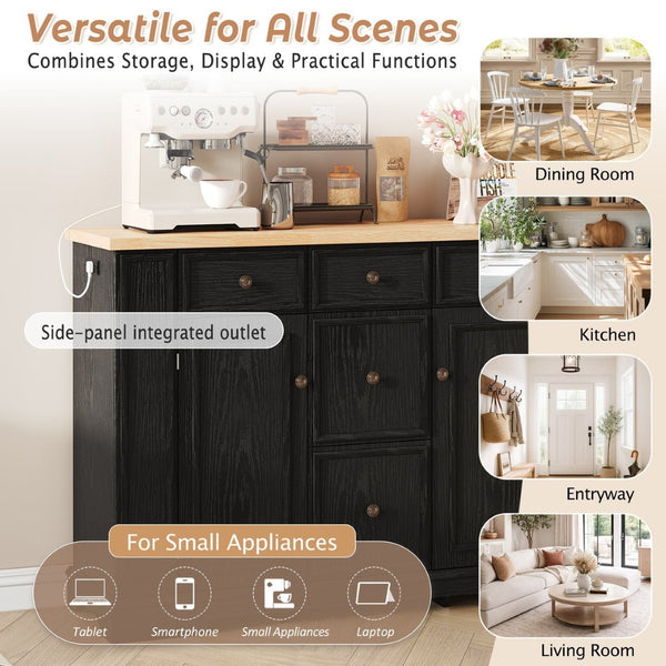 English Elm Trexm Farmhouse Buffet Sideboard with Five Drawers Dual Cabinets Adjustable Shelving Black XW000032AAB
