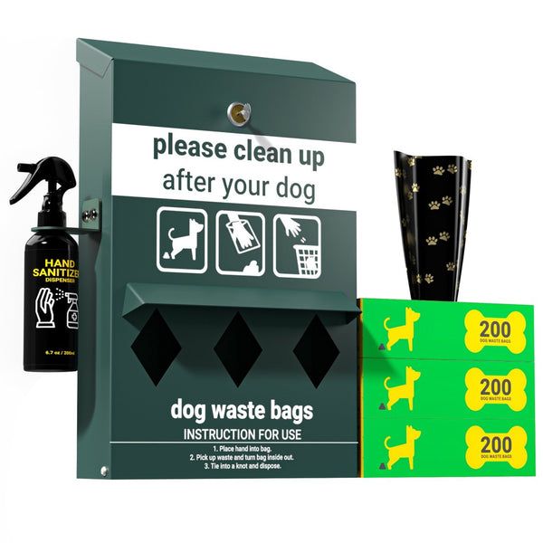 English Elm Kessler Locking Dog Waste Bag Dispenser with Glow Sign, Hand Sanitizer & Rain Guard, 600 Bags Included YAN-Y2V045425-GG