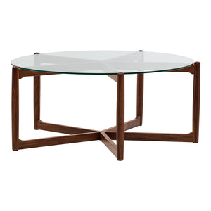 Moe's Home Hetta Coffee Table - Elegant Round Design With Solid Walnut Base And Glass Top For Stylish Spaces Brown Solid Walnut,Tempered Glass Top Yc-1038-03