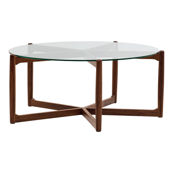 Moe's Home Hetta Coffee Table - Elegant Round Design With Solid Walnut Base And Glass Top For Stylish Spaces Brown Solid Walnut,Tempered Glass Top Yc-1038-03