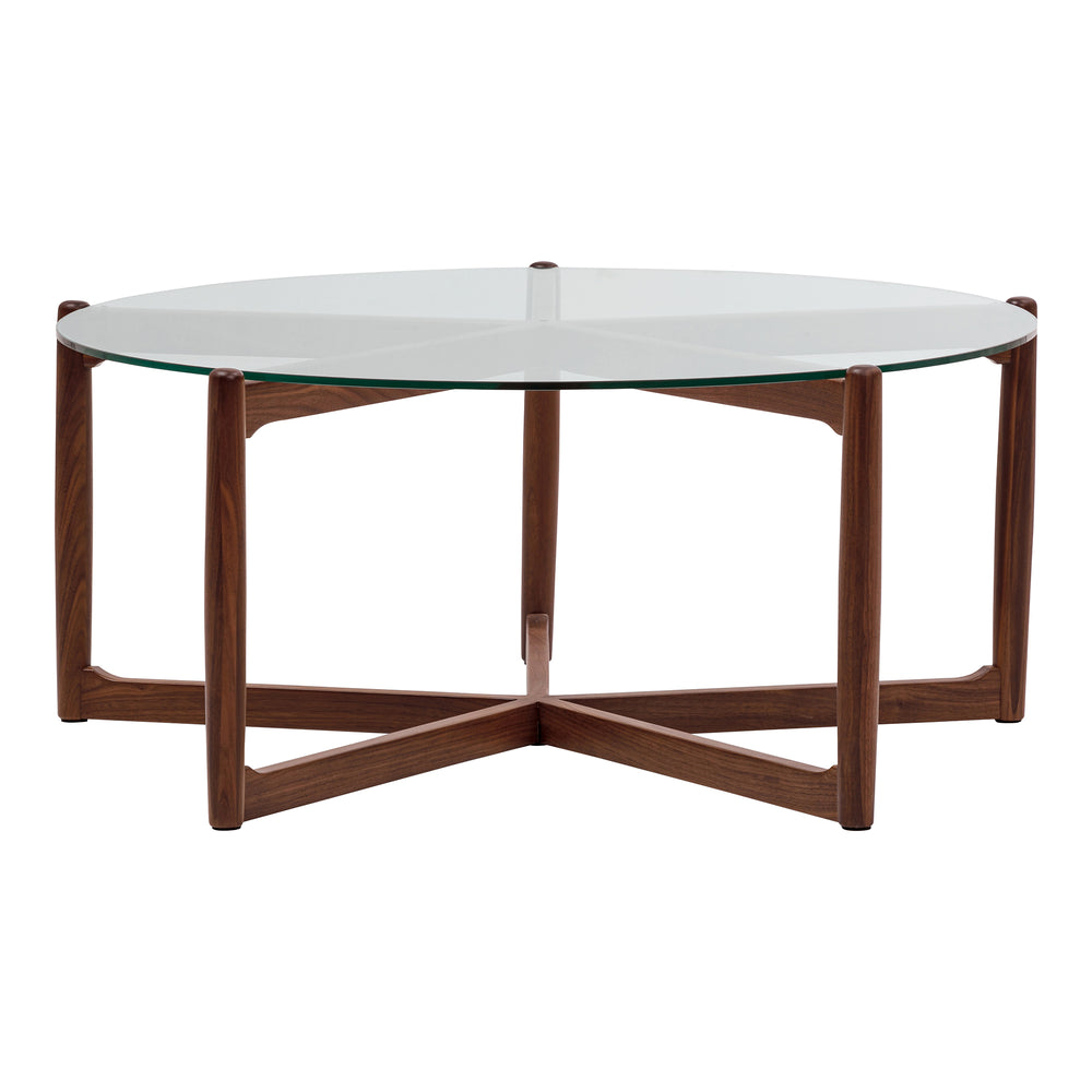 Moe's Home Hetta Coffee Table - Elegant Round Design With Solid Walnut Base And Glass Top For Stylish Spaces Brown Solid Walnut,Tempered Glass Top Yc-1038-03