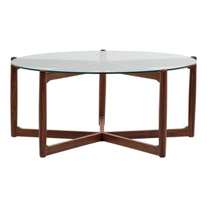 Moe's Home Hetta Coffee Table - Elegant Round Design With Solid Walnut Base And Glass Top For Stylish Spaces Brown Solid Walnut,Tempered Glass Top Yc-1038-03