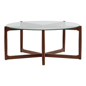 Moe's Home Hetta Coffee Table - Elegant Round Design With Solid Walnut Base And Glass Top For Stylish Spaces Brown Solid Walnut,Tempered Glass Top Yc-1038-03