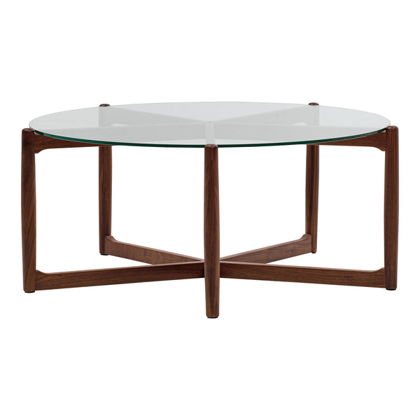 Moe's Home Hetta Coffee Table - Elegant Round Design With Solid Walnut Base And Glass Top For Stylish Spaces Brown Solid Walnut,Tempered Glass Top Yc-1038-03