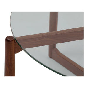 Moe's Home Hetta Coffee Table - Elegant Round Design With Solid Walnut Base And Glass Top For Stylish Spaces Brown Solid Walnut,Tempered Glass Top Yc-1038-03