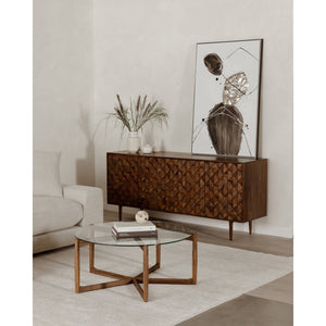 Moe's Home Hetta Coffee Table - Elegant Round Design With Solid Walnut Base And Glass Top For Stylish Spaces Brown Solid Walnut,Tempered Glass Top Yc-1038-03