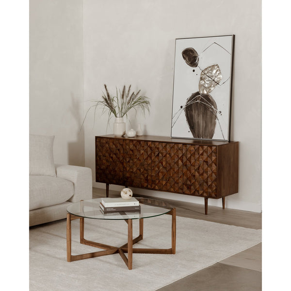 Moe's Home Hetta Coffee Table - Elegant Round Design With Solid Walnut Base And Glass Top For Stylish Spaces Brown Solid Walnut,Tempered Glass Top Yc-1038-03