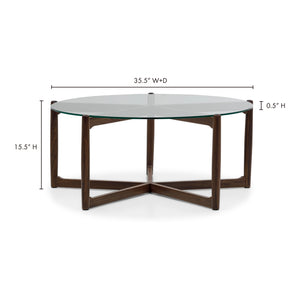 Moe's Home Hetta Coffee Table - Elegant Round Design With Solid Walnut Base And Glass Top For Stylish Spaces Brown Solid Walnut,Tempered Glass Top Yc-1038-03
