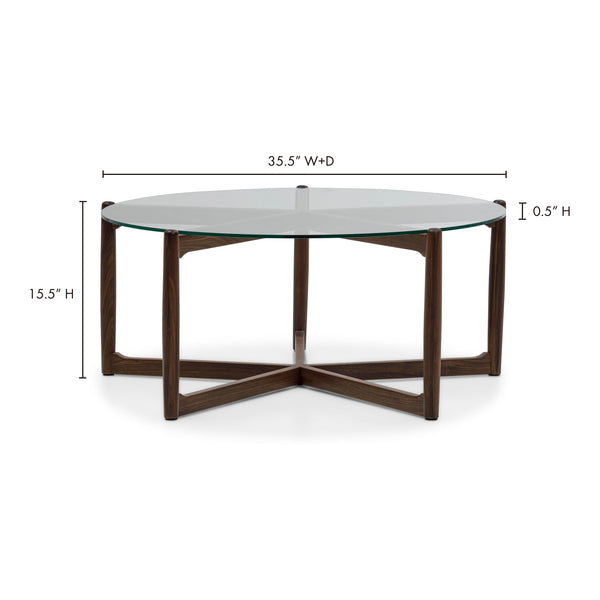 Moe's Home Hetta Coffee Table - Elegant Round Design With Solid Walnut Base And Glass Top For Stylish Spaces Brown Solid Walnut,Tempered Glass Top Yc-1038-03