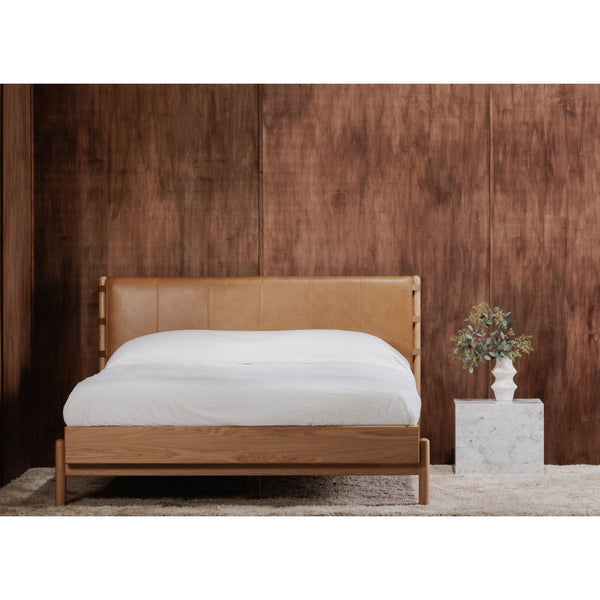 Moe's Home Colby Leather Bed Frame With Solid Oak Legs - Elegant Design, Understated Luxury For Your Bedroom Natural Upholstery, 100% Top,Grain Leather,Solid Oak Leg & Headboard Frame Yc-1045-24-0