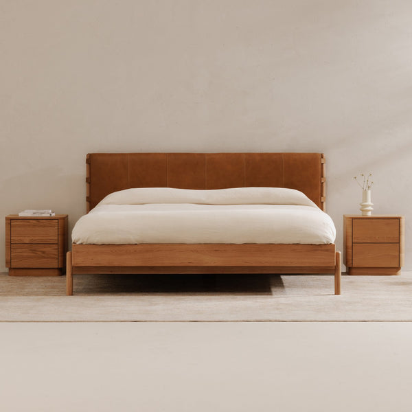Moe's Home Colby Leather Bed Frame With Solid Oak Legs - Elegant Design, Understated Luxury For Your Bedroom Natural Upholstery, 100% Top,Grain Leather,Solid Oak Leg & Headboard Frame Yc-1045-24-0