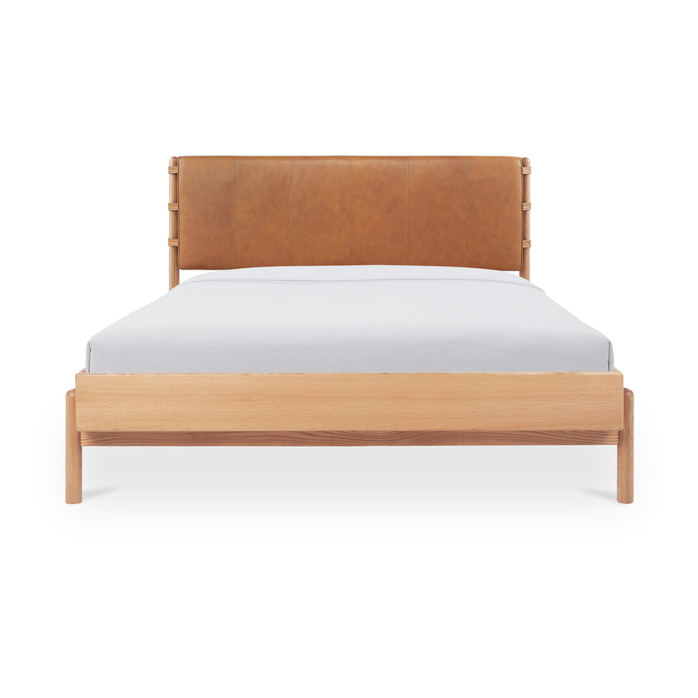 Moe's Home Colby Leather Bed Frame With Solid Oak Legs - Elegant Design, Understated Luxury For Your Bedroom Natural Upholstery, 100% Top,Grain Leather,Solid Oak Leg & Headboard Frame Yc-1045-24-0