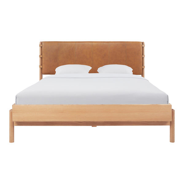 Moe's Home Colby Leather Bed Frame With Solid Oak Legs - Elegant Design, Understated Luxury For Your Bedroom Natural Upholstery, 100% Top,Grain Leather,Solid Oak Leg & Headboard Frame Yc-1045-24-0