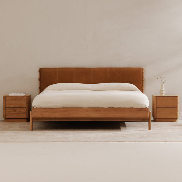 Moe's Home Colby Leather Bed Frame With Solid Oak Legs - Elegant Design, Understated Luxury For Your Bedroom Natural Upholstery, 100% Top,Grain Leather,Solid Oak 
Leg & Headboard Frame Yc-1046-24-0