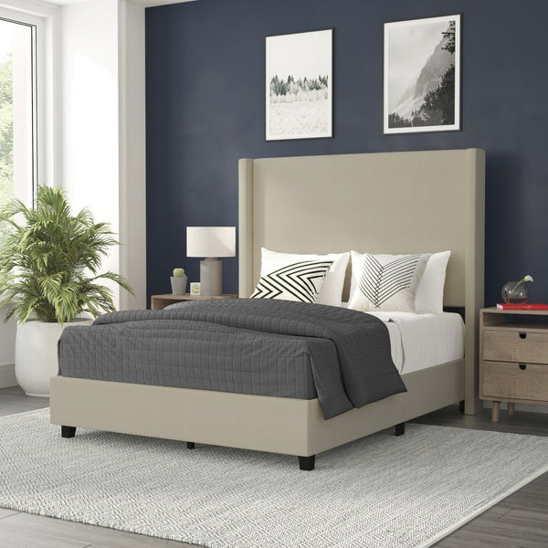 English Elm Quinn Full Upholstered Platform Bed with Wingback Headboard for Modern Comfort & Easy Assembly Beige In Stock. Usually ships in 24 - 48 business hours YK-1077-BEIGE-F-GG