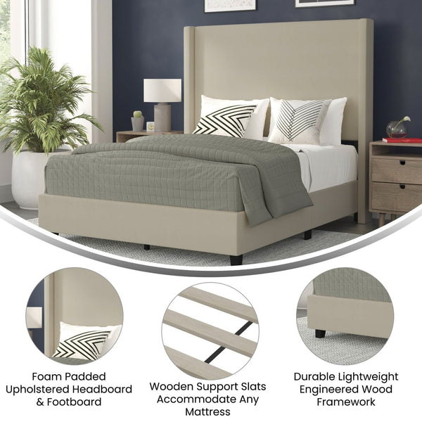 English Elm Quinn Full Upholstered Platform Bed with Wingback Headboard for Modern Comfort & Easy Assembly Beige In Stock. Usually ships in 24 - 48 business hours YK-1077-BEIGE-F-GG