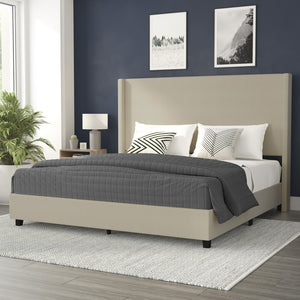 English Elm Quinn Full Upholstered Platform Bed with Wingback Headboard for Modern Comfort & Easy Assembly Beige In Stock. Usually ships in 24 - 48 business hours YK-1077-BEIGE-K-GG