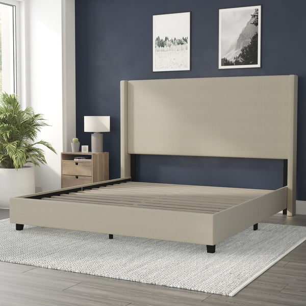 English Elm Quinn Full Upholstered Platform Bed with Wingback Headboard for Modern Comfort & Easy Assembly Beige In Stock. Usually ships in 24 - 48 business hours YK-1077-BEIGE-K-GG