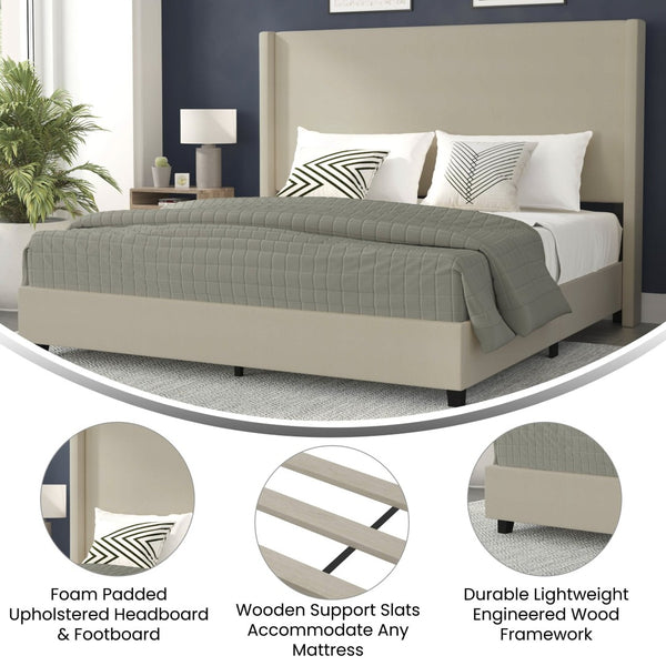 English Elm Quinn Full Upholstered Platform Bed with Wingback Headboard for Modern Comfort & Easy Assembly Beige In Stock. Usually ships in 24 - 48 business hours YK-1077-BEIGE-K-GG