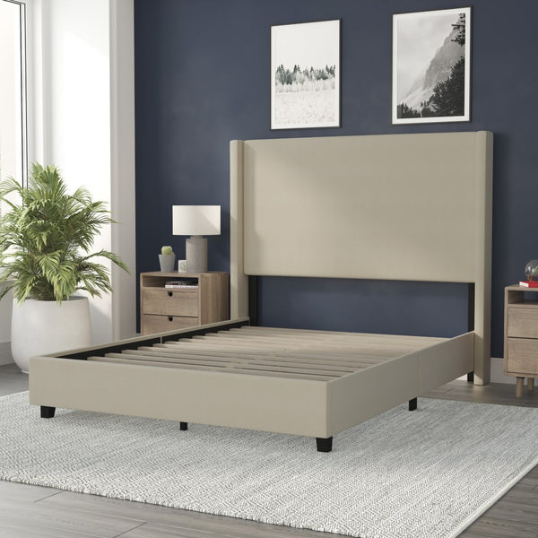 English Elm Quinn Full Upholstered Platform Bed with Wingback Headboard for Modern Comfort & Easy Assembly Beige In Stock. Usually ships in 24 - 48 business hours YK-1077-BEIGE-Q-GG