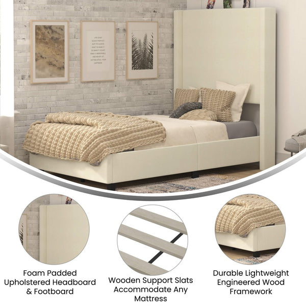 English Elm Quinn Full Upholstered Platform Bed with Wingback Headboard for Modern Comfort & Easy Assembly Beige In Stock. Usually ships in 24 - 48 business hours YK-1077-BEIGE-T-GG