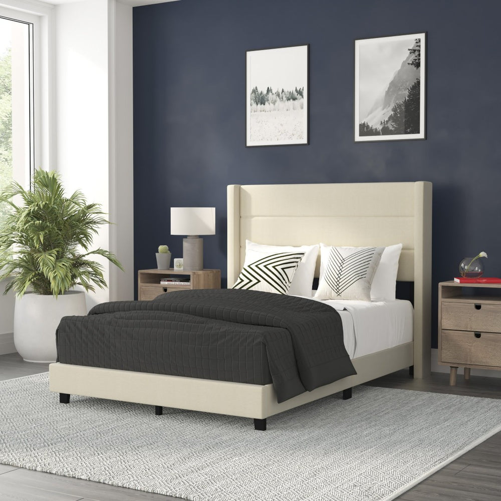 English Elm Hollis Full Upholstered Platform Bed with Wingback Headboard for Stylish, Comfortable Sleep Space Beige In Stock. Usually ships in 24 - 48 business hours YK-1078-BEIGE-F-GG