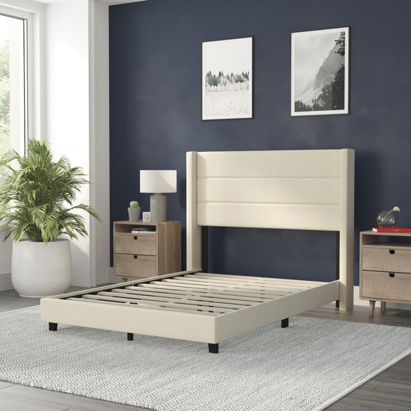 English Elm Hollis Full Upholstered Platform Bed with Wingback Headboard for Stylish, Comfortable Sleep Space Beige In Stock. Usually ships in 24 - 48 business hours YK-1078-BEIGE-F-GG