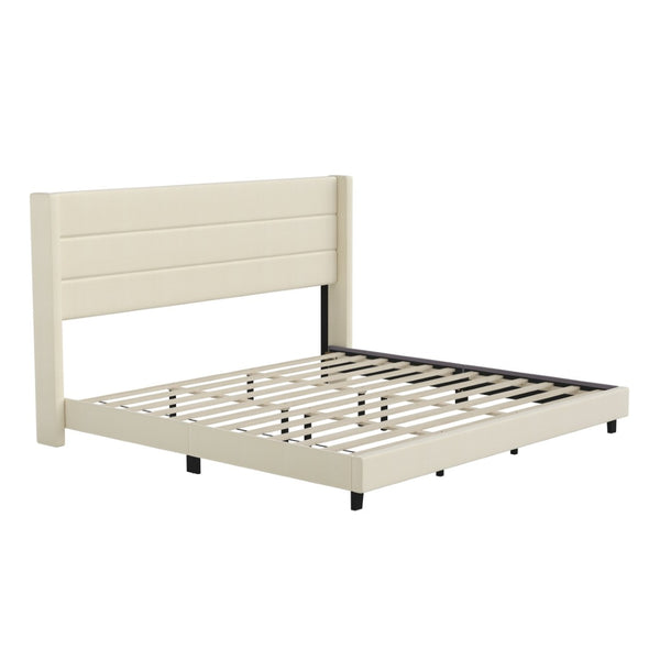 English Elm Hollis Full Upholstered Platform Bed with Wingback Headboard for Stylish, Comfortable Sleep Space Beige In Stock. Usually ships in 24 - 48 business hours YK-1078-BEIGE-K-GG