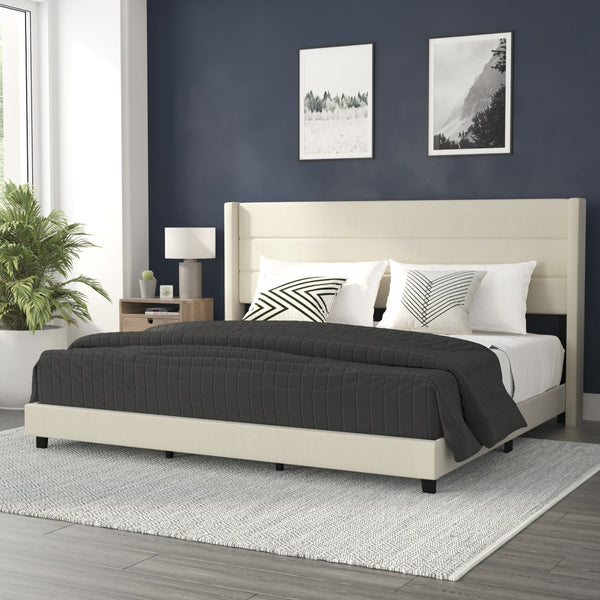 English Elm Hollis Full Upholstered Platform Bed with Wingback Headboard for Stylish, Comfortable Sleep Space Beige In Stock. Usually ships in 24 - 48 business hours YK-1078-BEIGE-K-GG