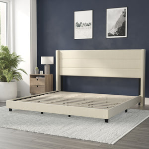 English Elm Hollis Full Upholstered Platform Bed with Wingback Headboard for Stylish, Comfortable Sleep Space Beige In Stock. Usually ships in 24 - 48 business hours YK-1078-BEIGE-K-GG